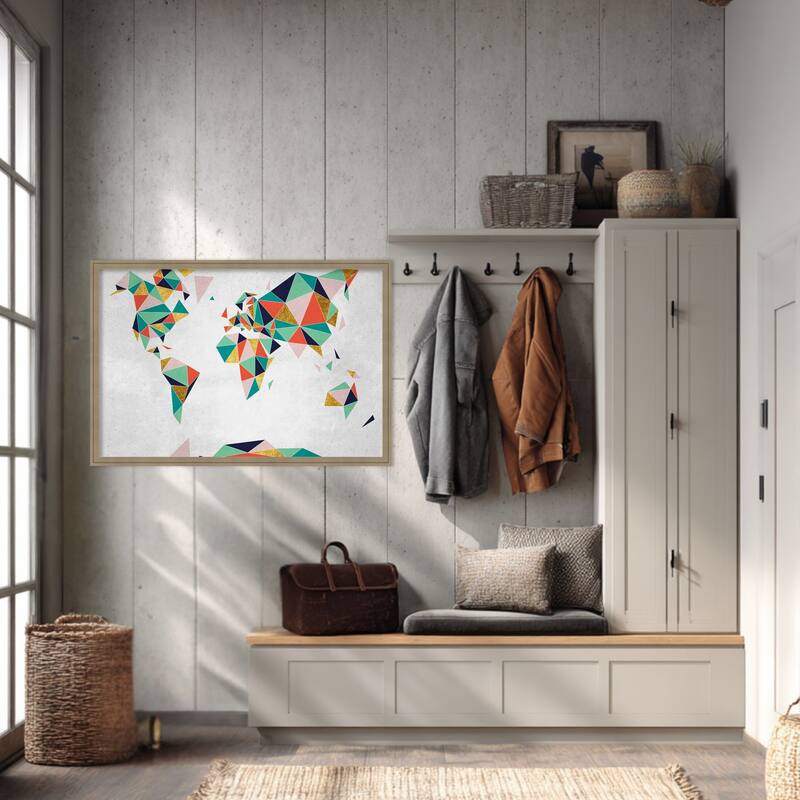 Amanti Art Framed Fabric Pinboard Geometric World Map by Inner circle Printed Bulletin Board - Board Size 36 x 24