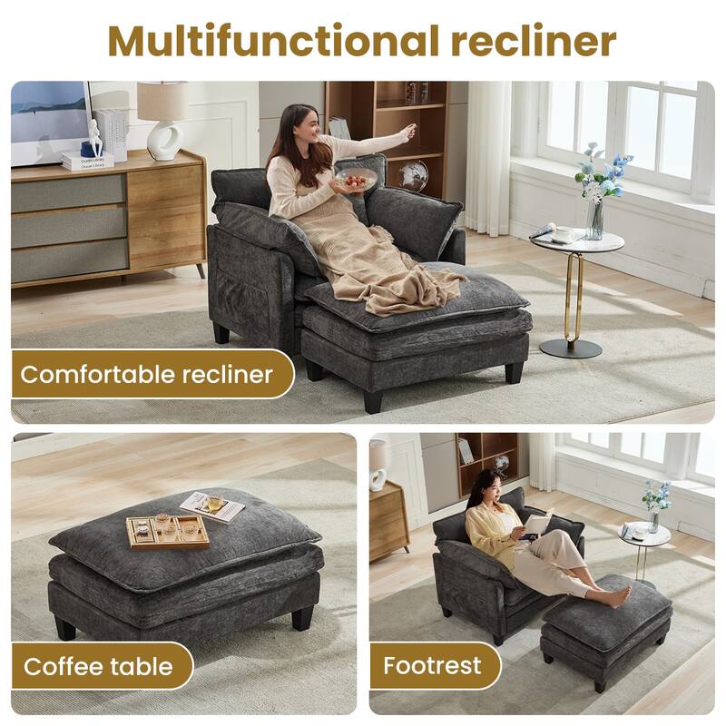 Oversized Single Sofa Chair with Ottoman, Double-Layer Seat Cushion, Chenille Fabric Lounge Chair, Living Room Reading Chair