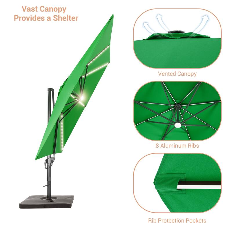LIVOOSUN Patio10x10FT LED Aluminum Cantilever Umbrella Solution-Dyed Fabric w/Base