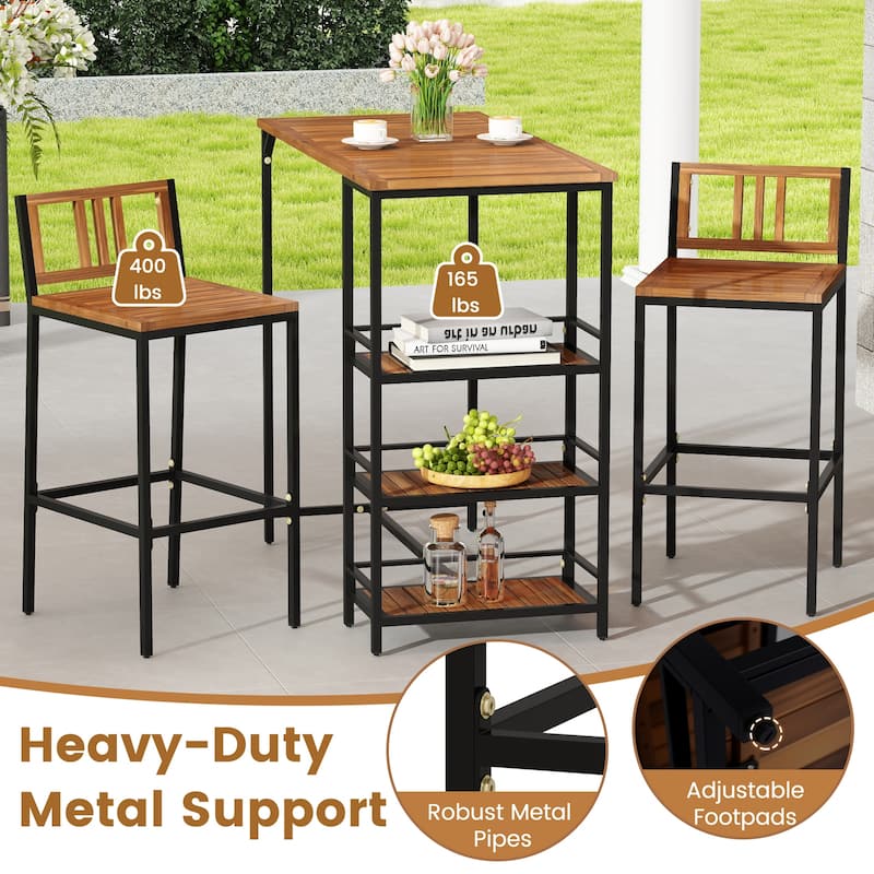 3 Pieces Outdoor Wood Bar Set with 3-Tier Storage Shelf and Metal Frame - Multi