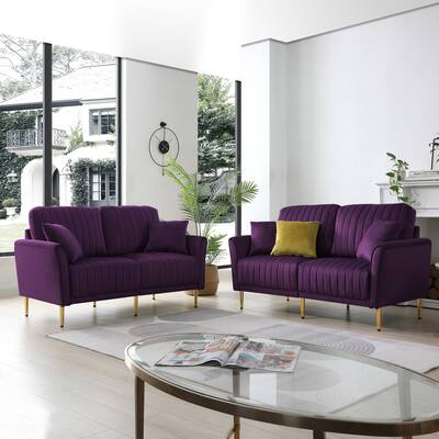 2-Piece and 2-Piece Purple Velvet Upholstered Living Room Sofa Set, Including 2 Pieces 2 -Seater Sofa with Channel Tufted