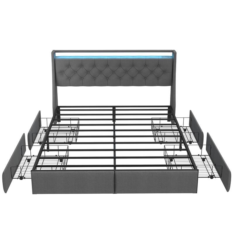 Metal Platform Bed Frame with Underbed Storage Drawers, LED Storage Headboard with Charging Station