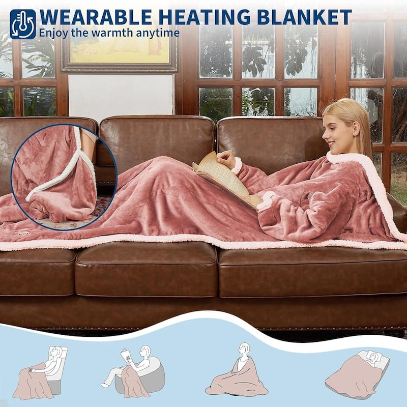 50"×70"+18" Wearable Electric Heated Blanket with Foot Pocket & Sleeves
