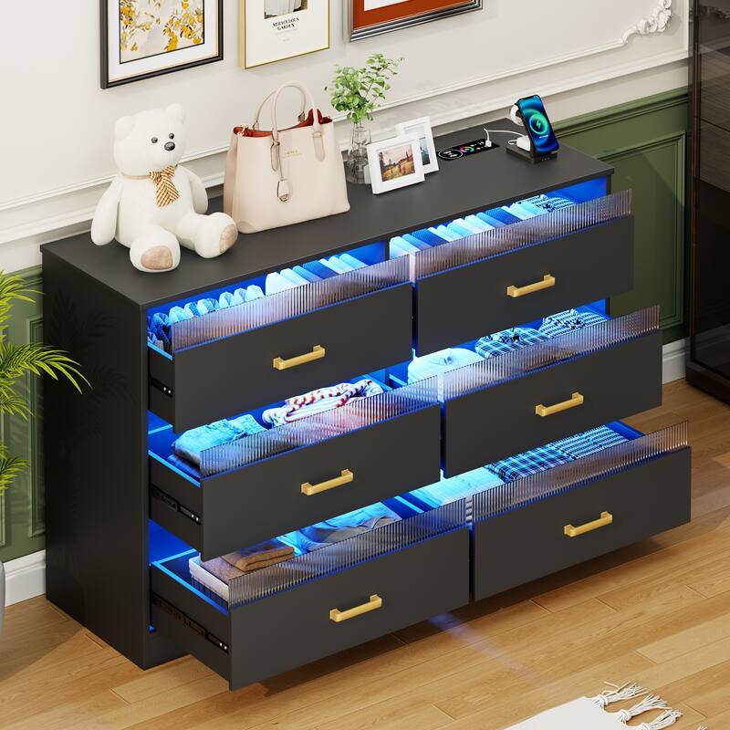 6 Drawers Dresser With LED Light and USB Port