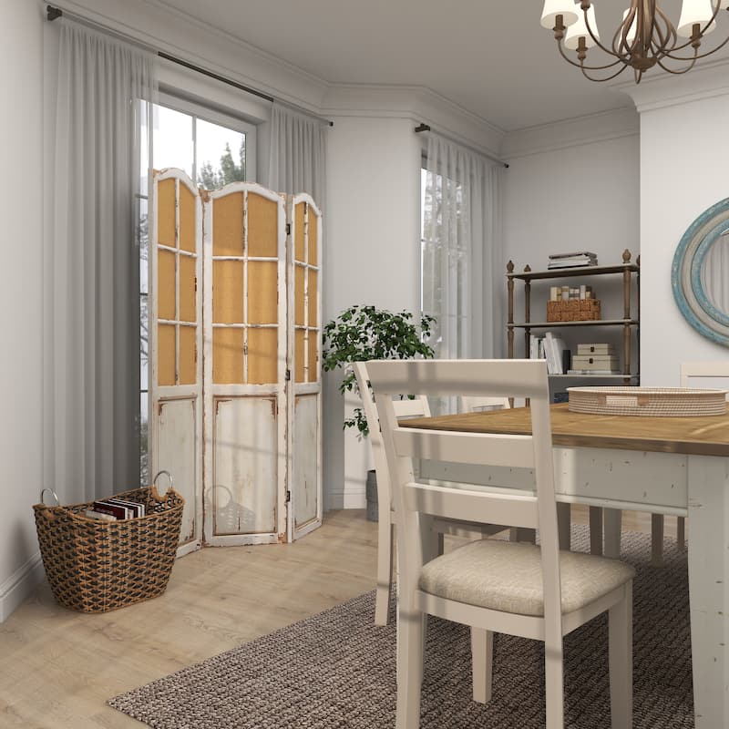 Beige Wood Hinged Foldable Partition 3 Panel Partition Room Divider Screen with Burlap Window Pane Design