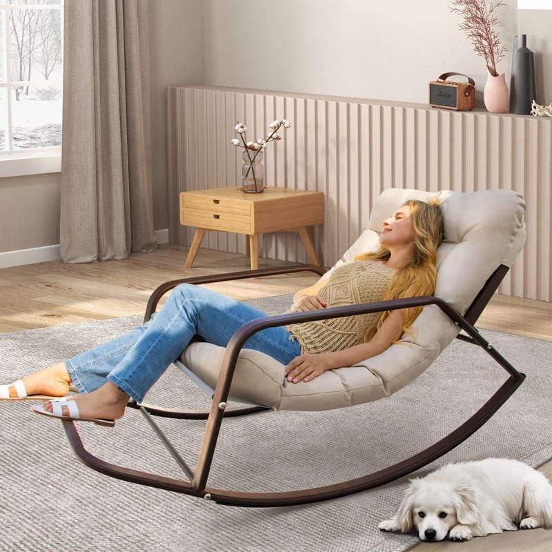 FINCATI Outdoor Patio Oversized Rocking Chair Papasan, Comfy Rocking Lounge Chair, Metal Rocking Chair with Cushion - 1 PC-Beige