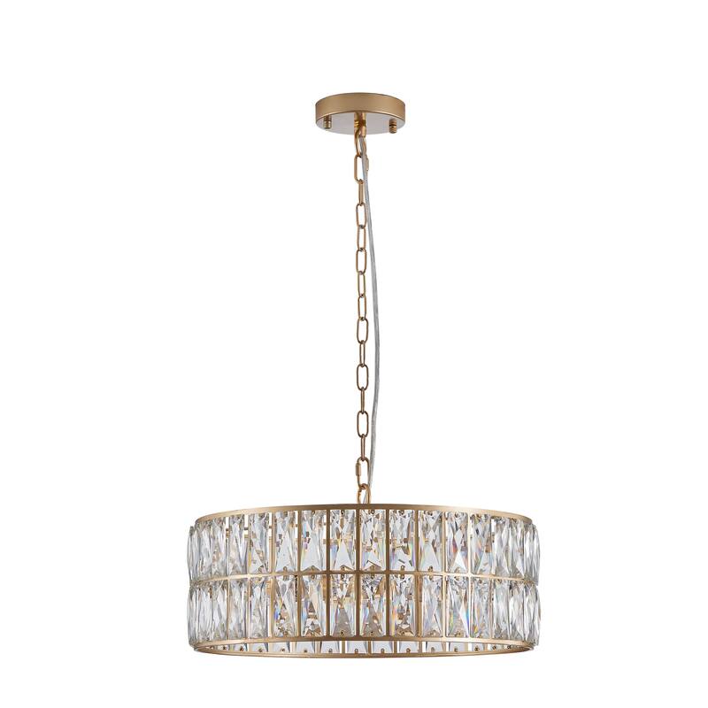 18" Golden Modern Crystal Drum Chandelier, 6-Light Pendant Lighting Fixture with Metal Frame (Bulbs Not Included)
