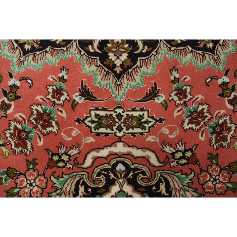 Hand Knotted Oriental Wool & Silk Carpet Traditional Floral Red Tabriz Area Rug - 13' 0'' X 9' 10''