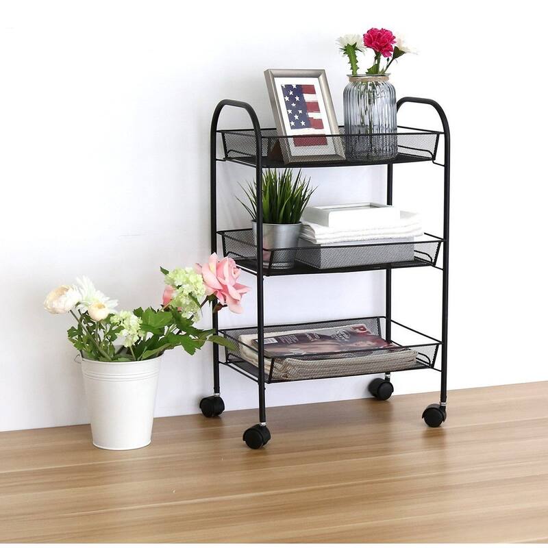 3/4/5 Tier Storage Trolley Rolling Island Kitchen Cart with Hooks - 3 Tier Black