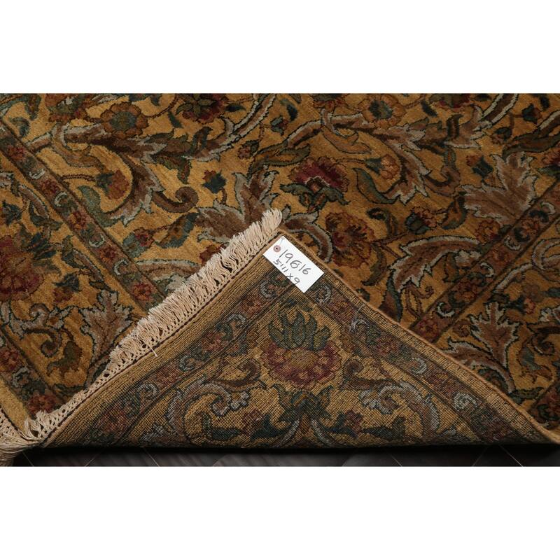 Agra Traditional Botanical Plush Pile Gold Wash Silky Sheen 5'11''x9 Hand Knotted New Zealand Wool Gold Rug - 5' 11'' x 9'