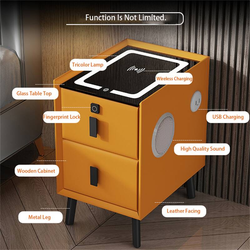 Modern 2 Drawer Smart Lighted Nightstand with Charging Station
