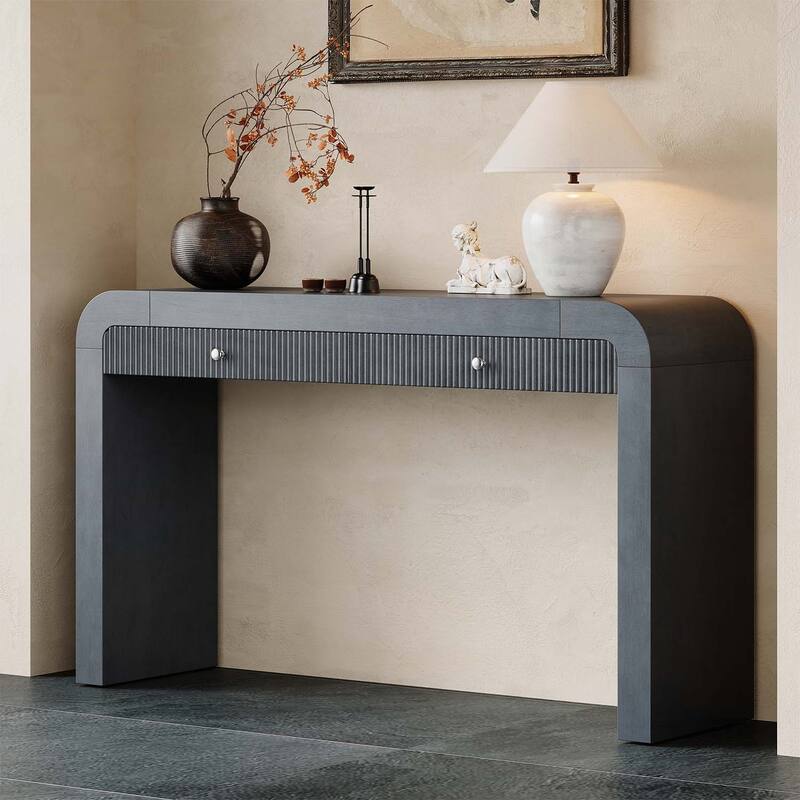 Console Table with Fluted Drawer,Curved Corners,and Thick Legs for Hallway & Living Room - Dark Navy