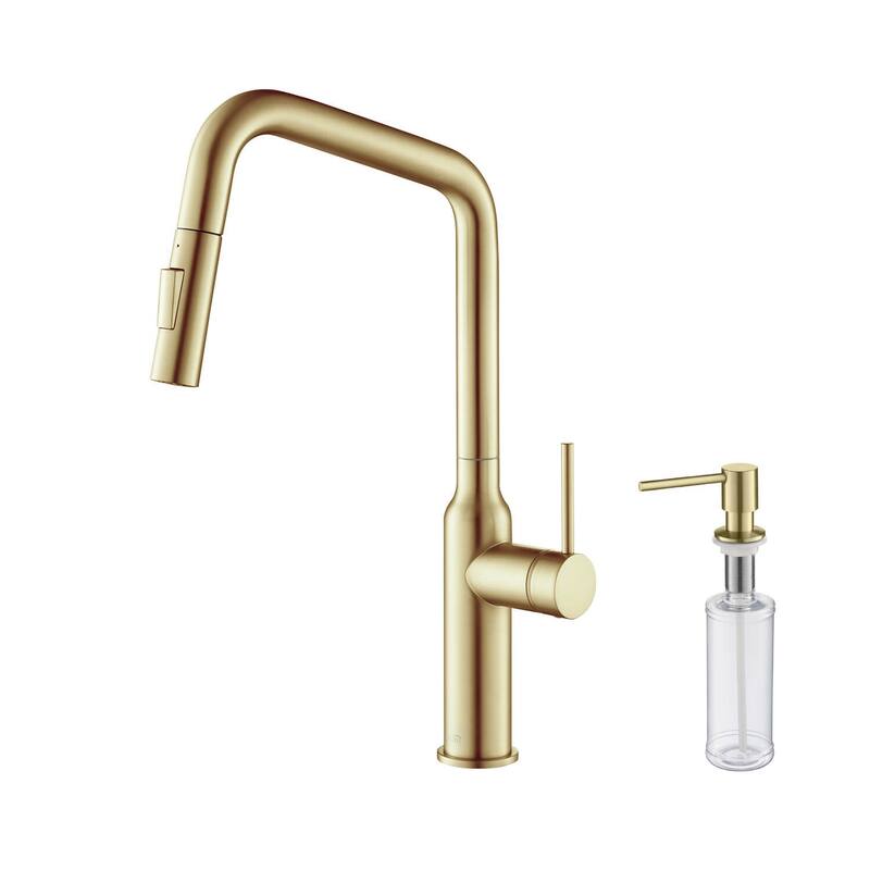 Brass High Arc Single Lever Kitchen Faucet with Pull Down Sprayer - Brushed Gold W/ Soap Dispenser