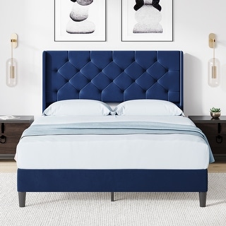 Blue Tufted Bed Frame with Wingback Headboard Strong Wood Slat Support ...