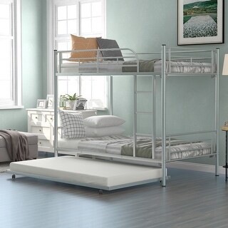 Twin-Over-Twin Metal Bunk Bed with Trundle, Sturdy Frame, Full-Length Guardrails, and Convertible Design