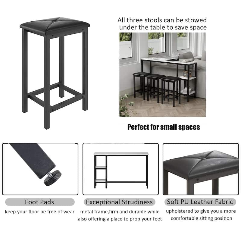 3-People Counter Heihgt Dining Set w/Storage, 4 Piece Kitchen Bar Table Set w/3 Upholstered Stools