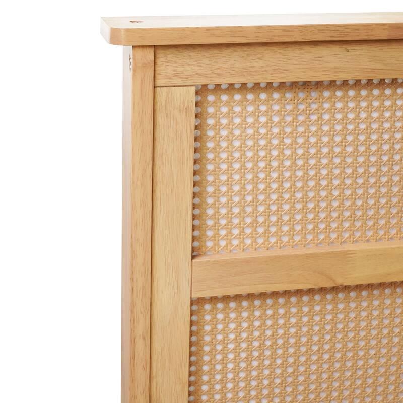 Wood Full Size Bed with Rattan Headboard, Two Storage Drawers