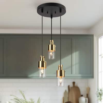 Hartwin Modern 3/5-Light Black Gold Chandelier Cylinder Glass Pendant Lights for Kitchen Island