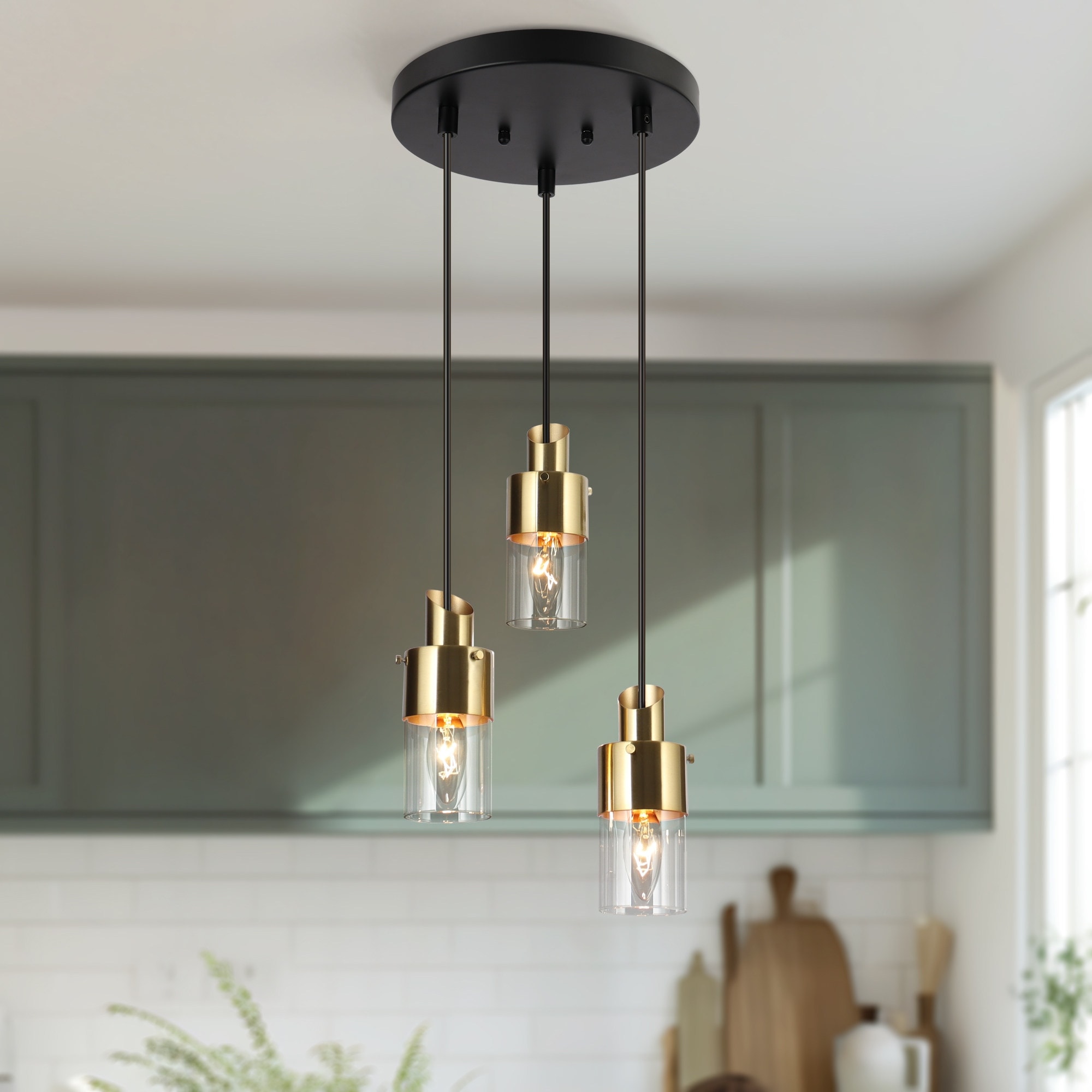 Hartwin Modern 3/5-Light Black Gold Chandelier Cylinder Glass Pendant Lights for Kitchen Island
