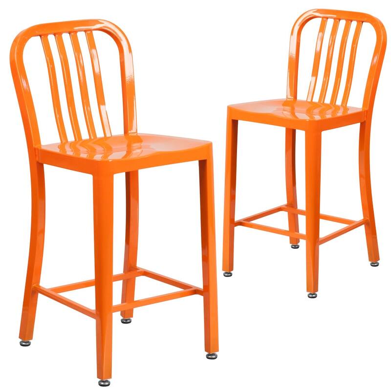 2 Pack 24'' High Metal Indoor-Outdoor Counter Height Stool w/ Vertical Slat Back