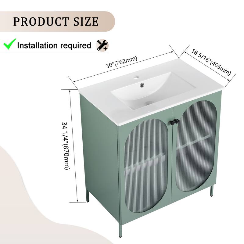 Modern Freestanding Bathroom Vanity with Adjustable Shelves, Ceramic Sink, Acrylic Door, and Metal Handles - 30in L Steel