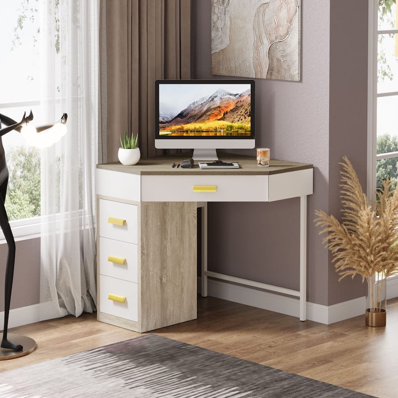 Triangle Computer Desk with 4 Drawers, 90 Degree Writing Desk PC Table Makeup Vanity Desk with Storage for Home Office