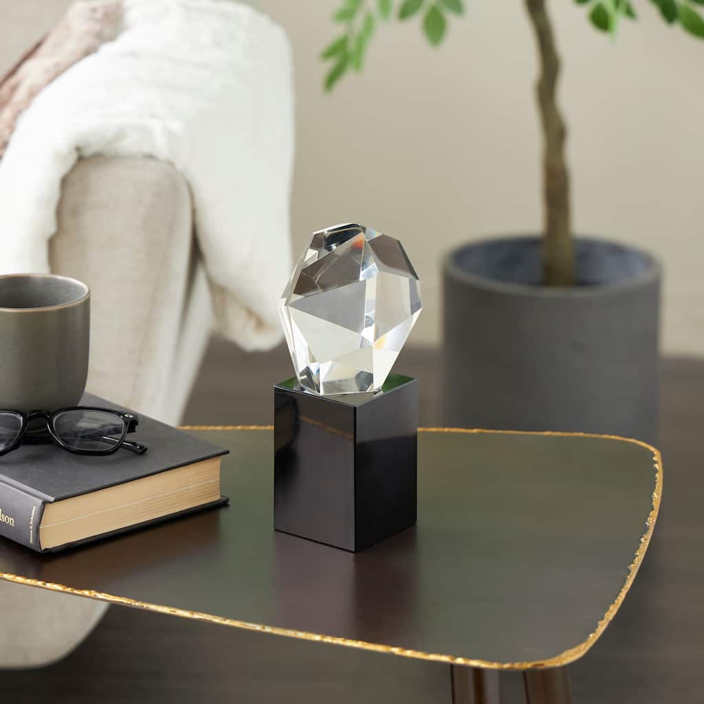 Clear Glass Cut Stone Inspired Sculpture with Black Base