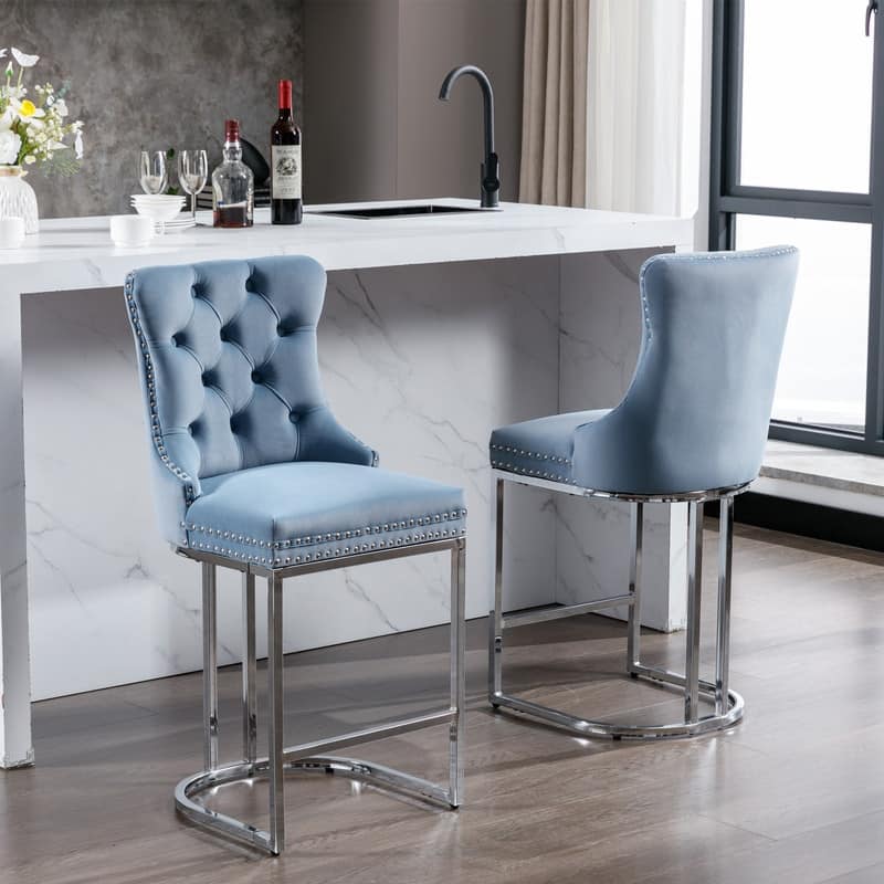 Modern Upholstered Bar Stools with Tufted Backs and Footrest（Set of 2）Blue - Set of 2