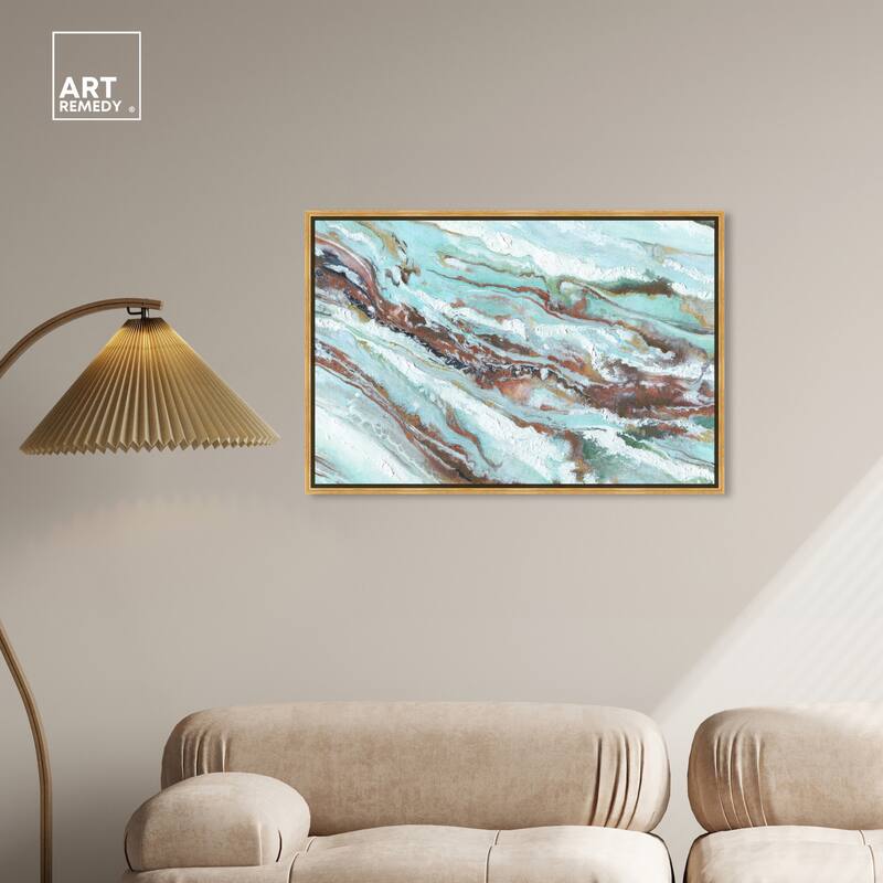 Art Remedy Mint Waves Framed Blue Abstract 1 Piece Canvas Wall Art