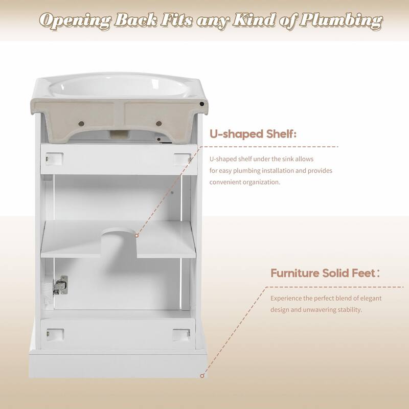 20-inch Bathroom Vanity with Ceramic Sink, Freestanding Vanity Set with Soft-Closing Door & Bulged Ceramic Basin