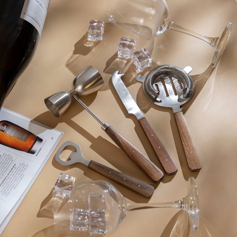 Set of 4 Stainless Steel & Wood Handle Bar Set