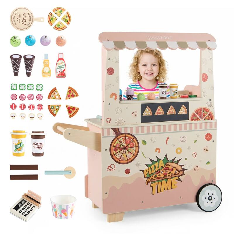 Gymax 2 in 1 Pretend Play Food Truck Kids Ice Cream & Pizza Cart w/ - Pink