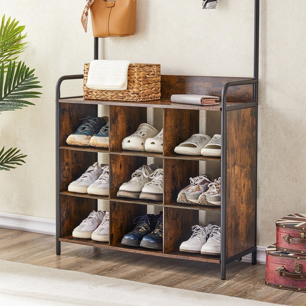 3 in 1 Entryway Coat Rack Shoe Rack with 7 Hooks and a Hanging Rod Antique brown