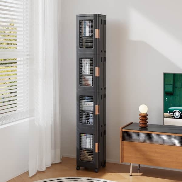 slide 2 of 9, Javlergo 65" Narrow Tall Storage Bin 4 Tier Foldable Kitchen Storage Cabinet Organizer Freestanding Kitchen Pantry 9.6 x 11.2 x 65.4 In(LxWxH) - Black