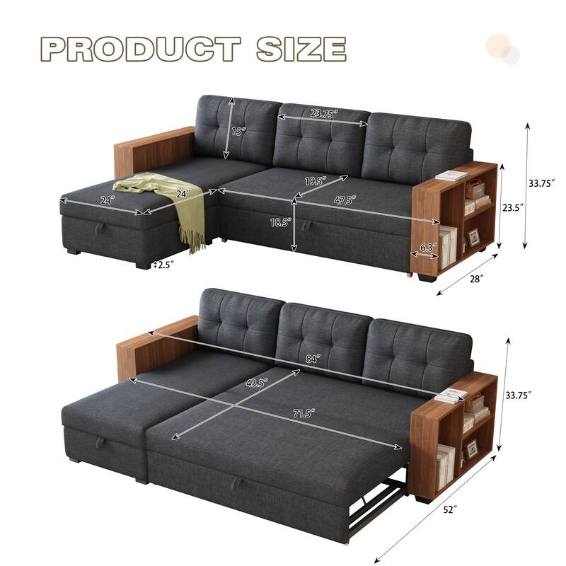 Upholstered Pull Out Sectional Sofa with Storage Chaise