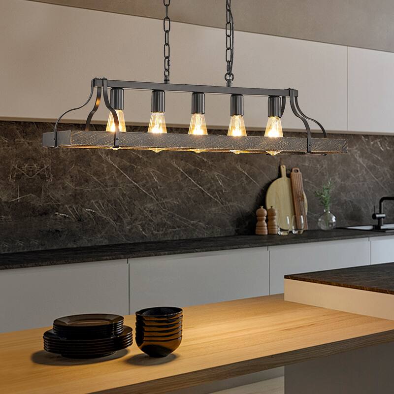 34-Inch Black Gold Vintage Pendant Light, 5 E26 Bulb Sockets, Adjustable Chain Height - Antique Style Chandelier - Black+Gold