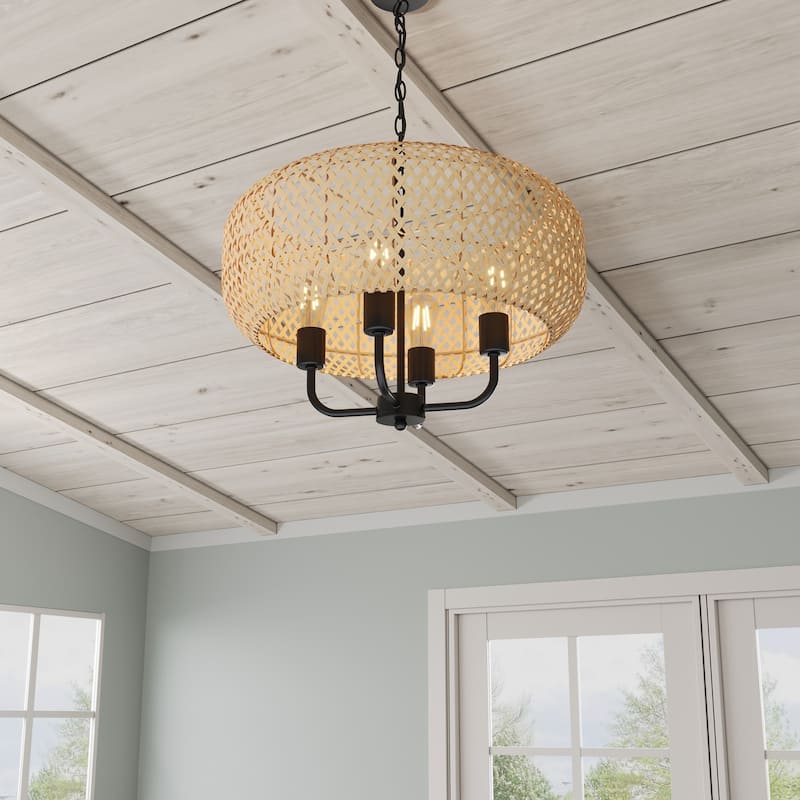 Farmhouse 4-Light Hand-Woven Natural Bamboo Pendant Light