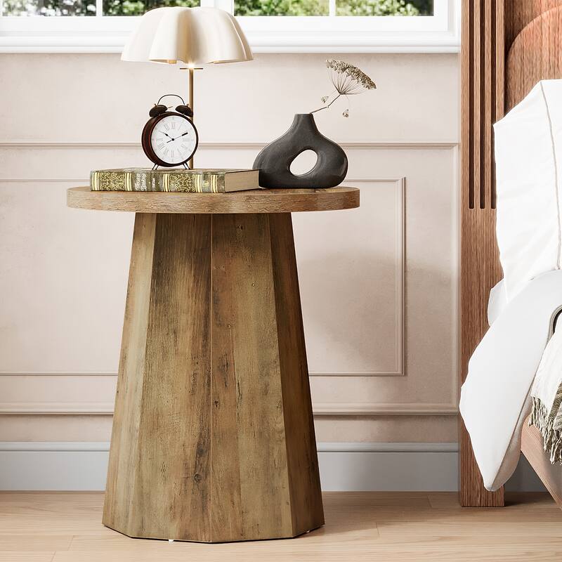 Farmhouse Wood Round End Side Couch Table with Octagonal Base