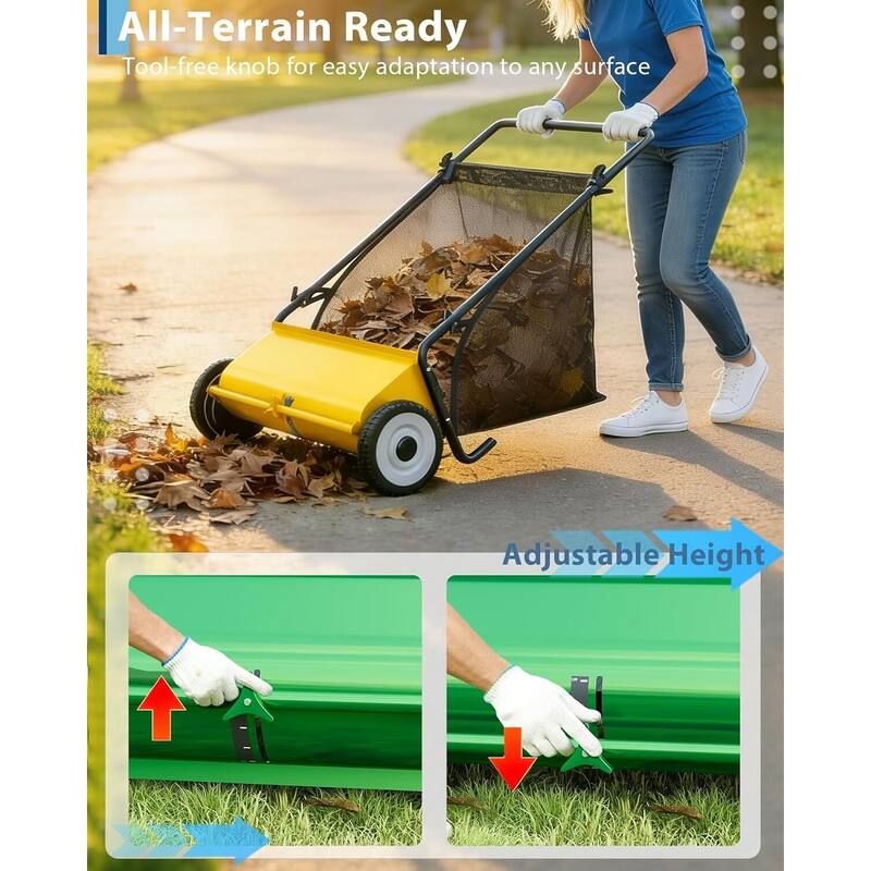 21-Inch Push Lawn Sweeper 35 cu. ft. Capacity Adjustable Height for Grass Leaves and Debris