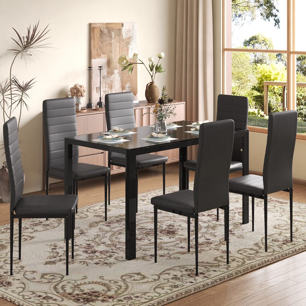 5/7-Piece Glass Top Dining Table Set, Kitchen Table and 4/6 Luxury Faux Leather Chairs, Home Furniture Rectangular Modern, Black