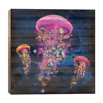 Electric Jellyfish World Pink Print On Wood by David Loblaw - Multi-Color
