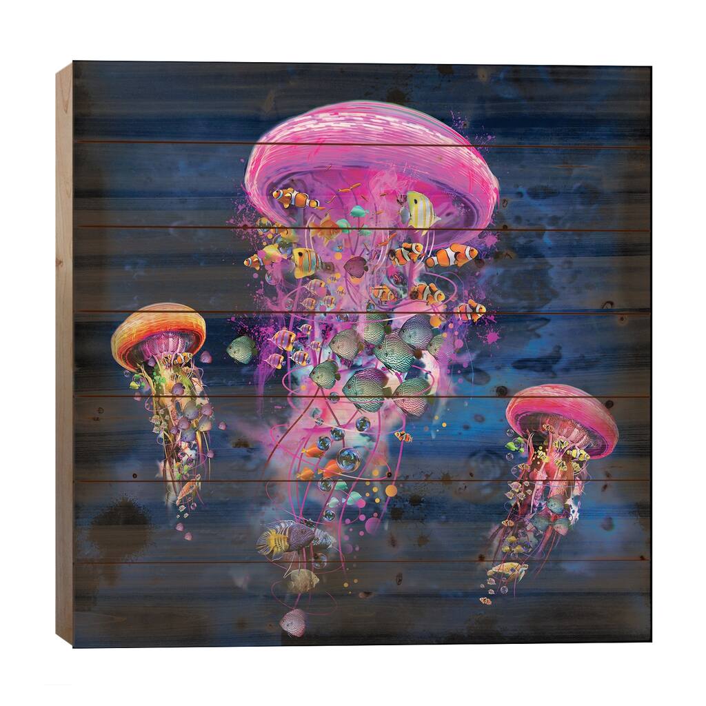 Electric Jellyfish World Pink Print On Wood by David Loblaw - Multi-Color