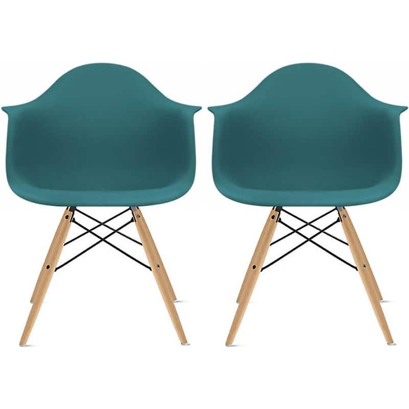 Set of 2 Plastic Accent Modern Designer Dining Chair With Arms Molded Shell Desk Natural Wooden Legs Kitchen Patio - Teal