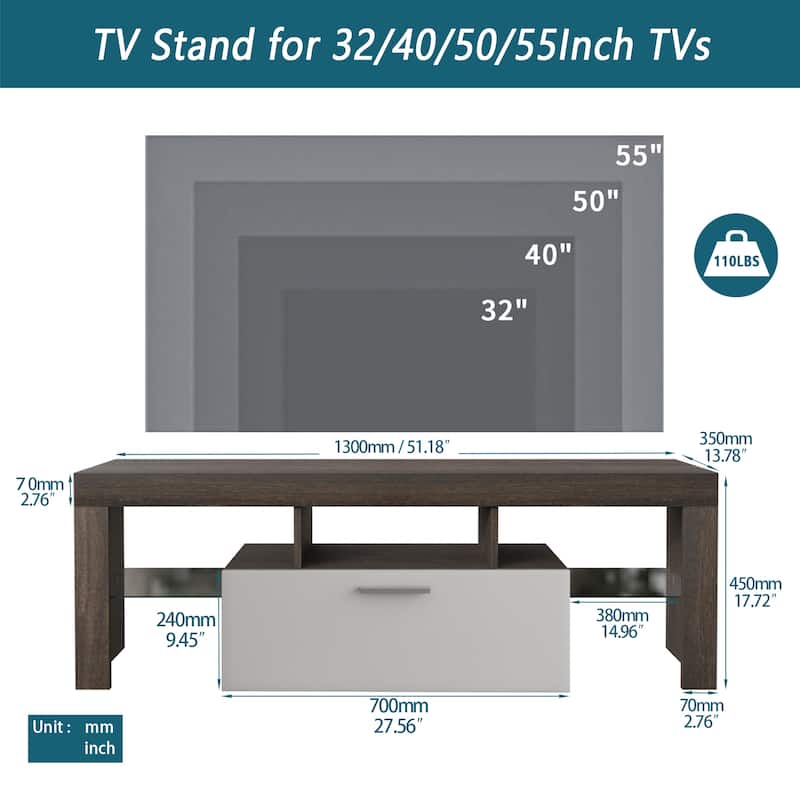 51.18" TV Stand with The Toughened Glass Shelf and LED Color Changing Lights for TVs Up to 55"