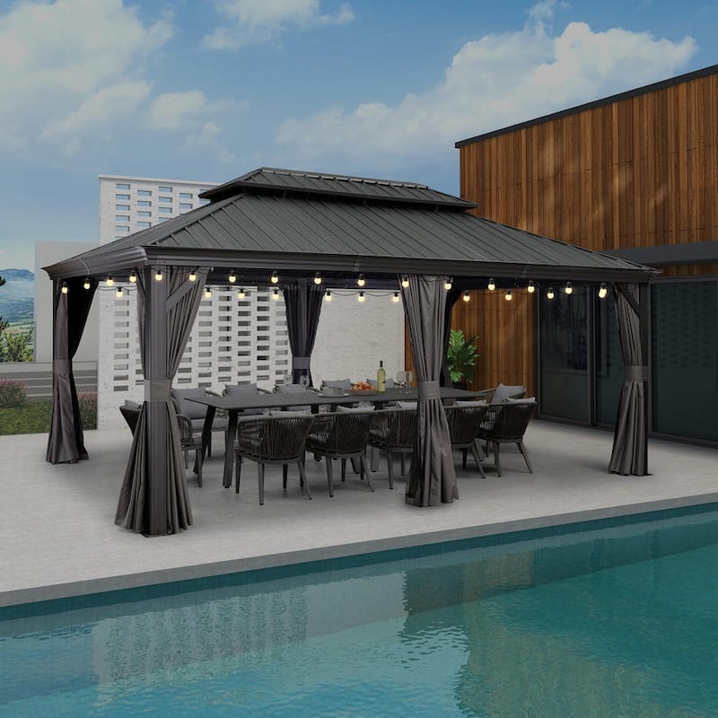 PURPLE LEAF Outdoor Galvanized Steel Hardtop Gazebo, Aluminum Frame Gazebo With Curtains - 12' x 18' - Grey(With lights)