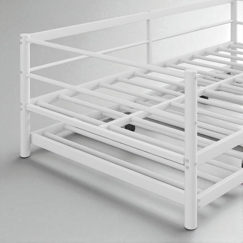 Twin Size Metal Daybed with Adjustable Pop-Up Trundle and LED Light Strip