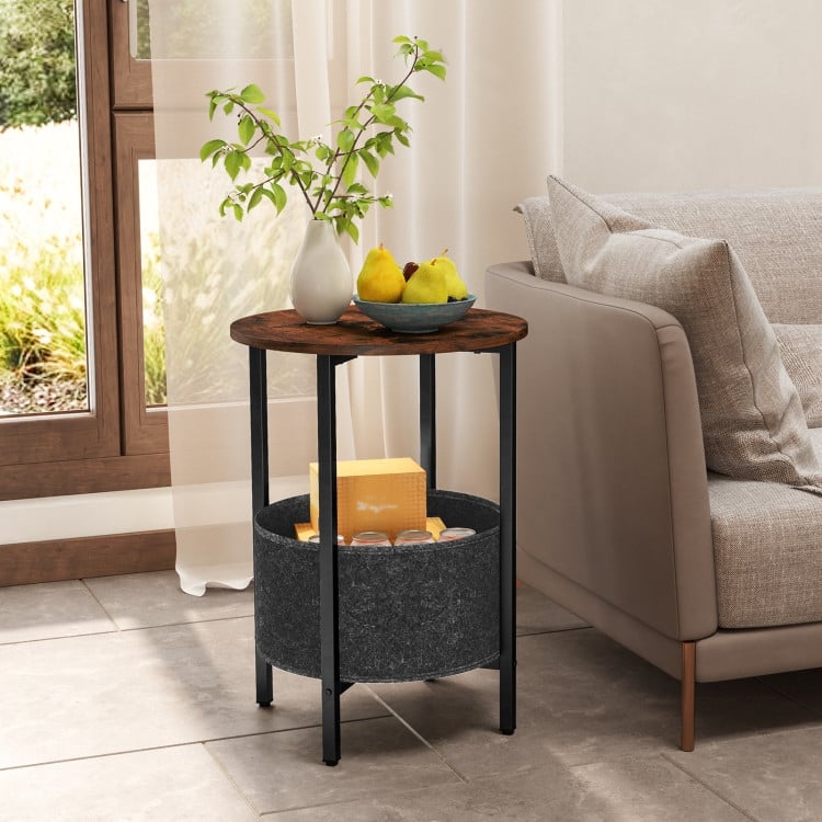 2-Tier Round End Side Table with Metal Frame and Removable Fabric Basket