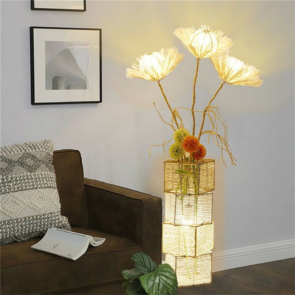 Modern Standing Floor Lamp Rattan LED Night Light Pastoral Hand