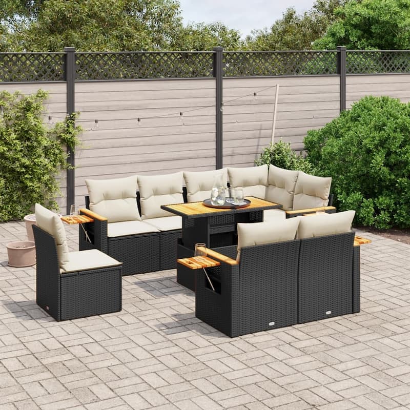 vidaXL Patio Sofa Set with Cushions Outdoor Furniture 9 Piece Poly Rattan - Black and cream without storage - 21.7 x 39.4 x 28.7 in