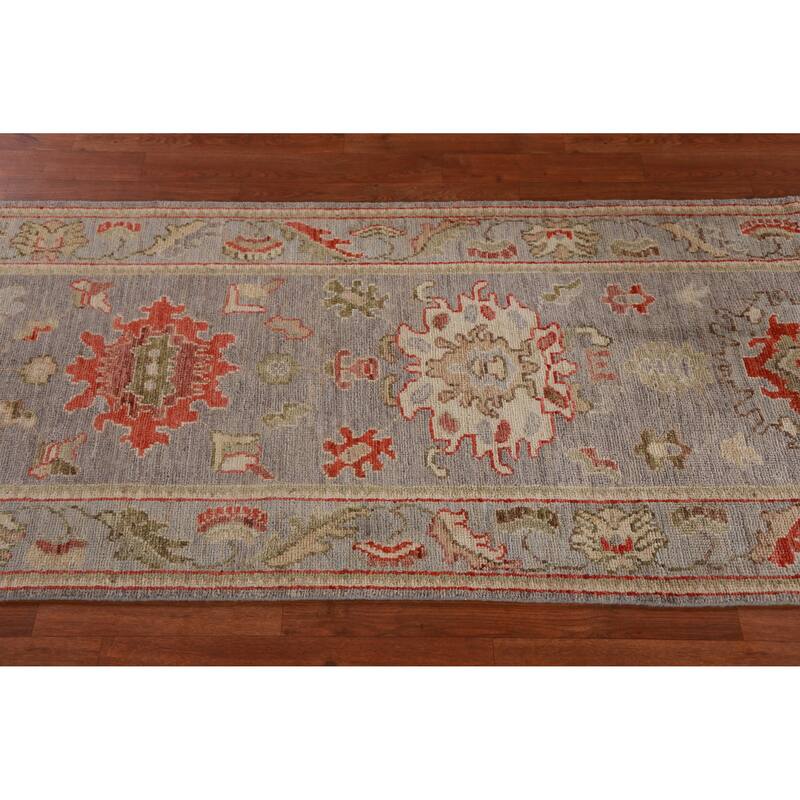 Hand Knotted Oriental 100% Wool Carpet Transitional All-Over Greys & Charcoal Oushak Runner Rug - 9' 8'' X 2' 8''